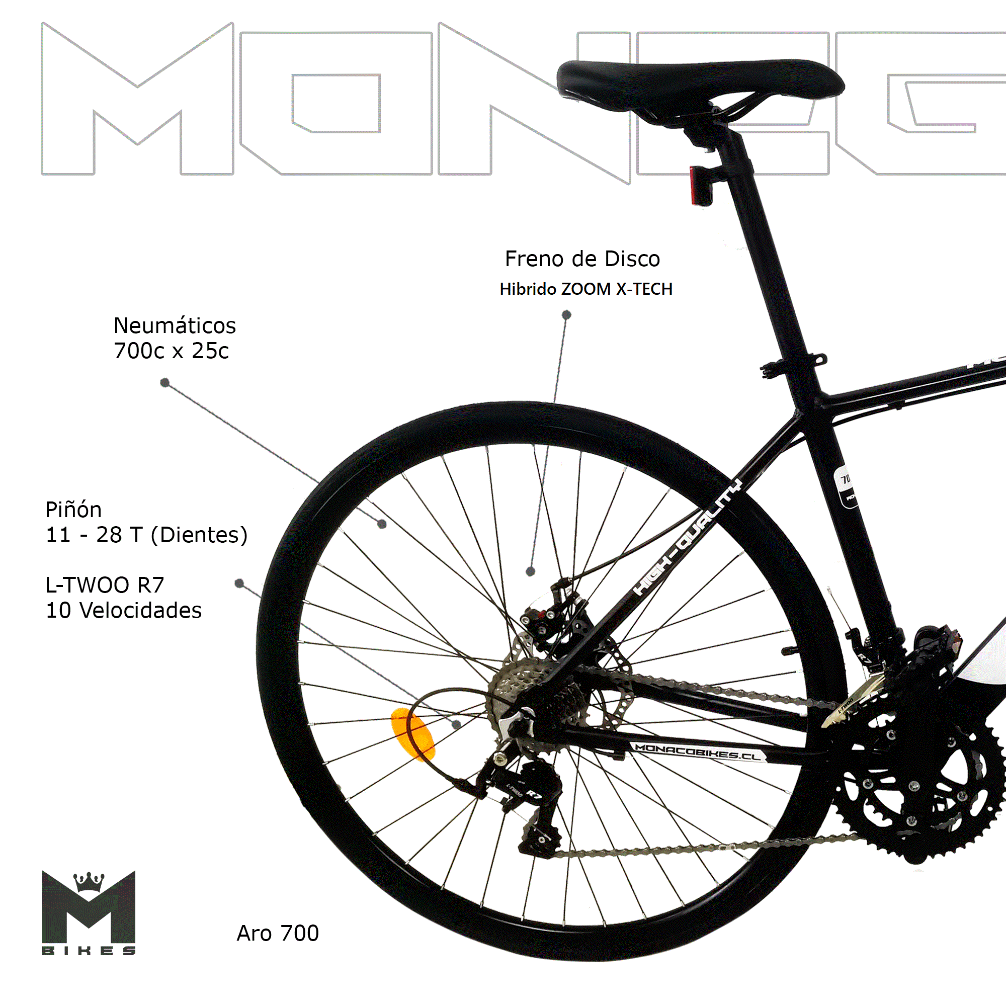 Bicicleta Mónaco Moneguetti Negra Ruta/Gravel Aro 700x25C (Compatible con 35C)